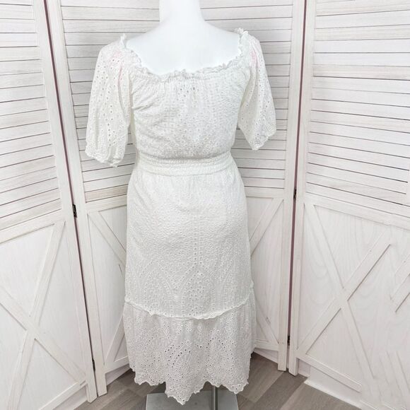 Betsey Johnson Eyelet Off The Shoulder Smocked Waist Midi Dress White Large - Picture 5 of 14
